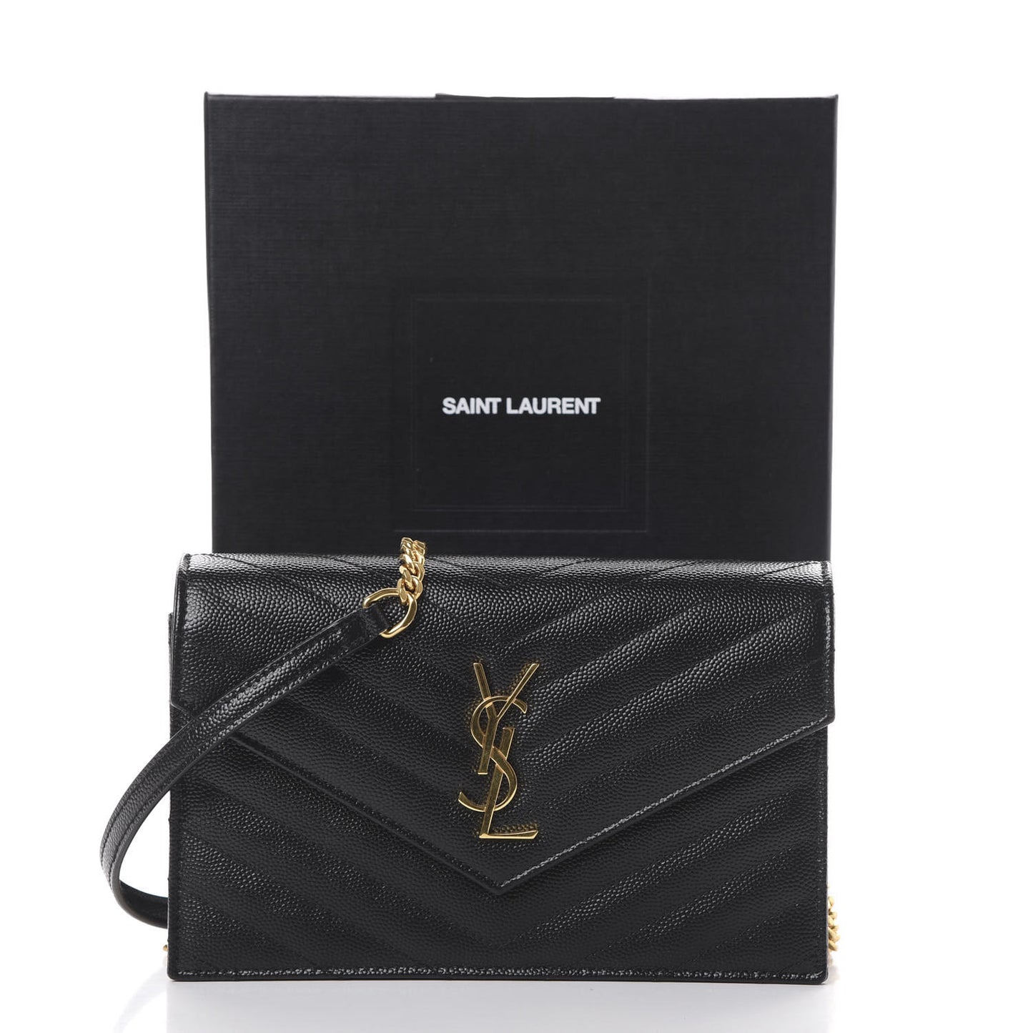 Grain De Poudre Matelasse Chevron Monogram Envelope Chain Wallet Black