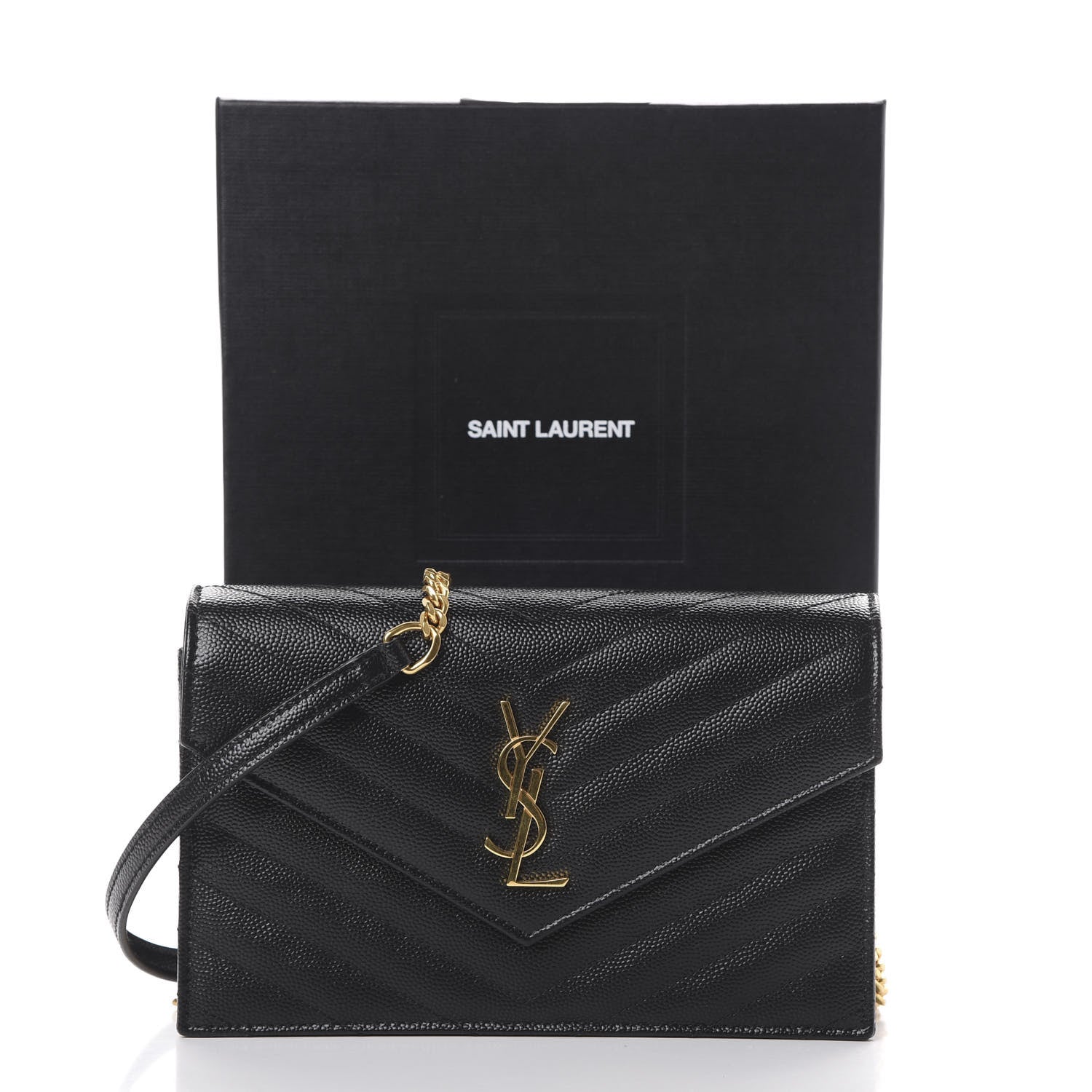 Saint Laurent Grain De Poudre Matelasse Chevron Monogram Envelope Chain Wallet Black 10 of 10