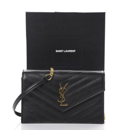 Saint Laurent Grain De Poudre Matelasse Chevron Monogram Envelope Chain Wallet Black 10 of 10