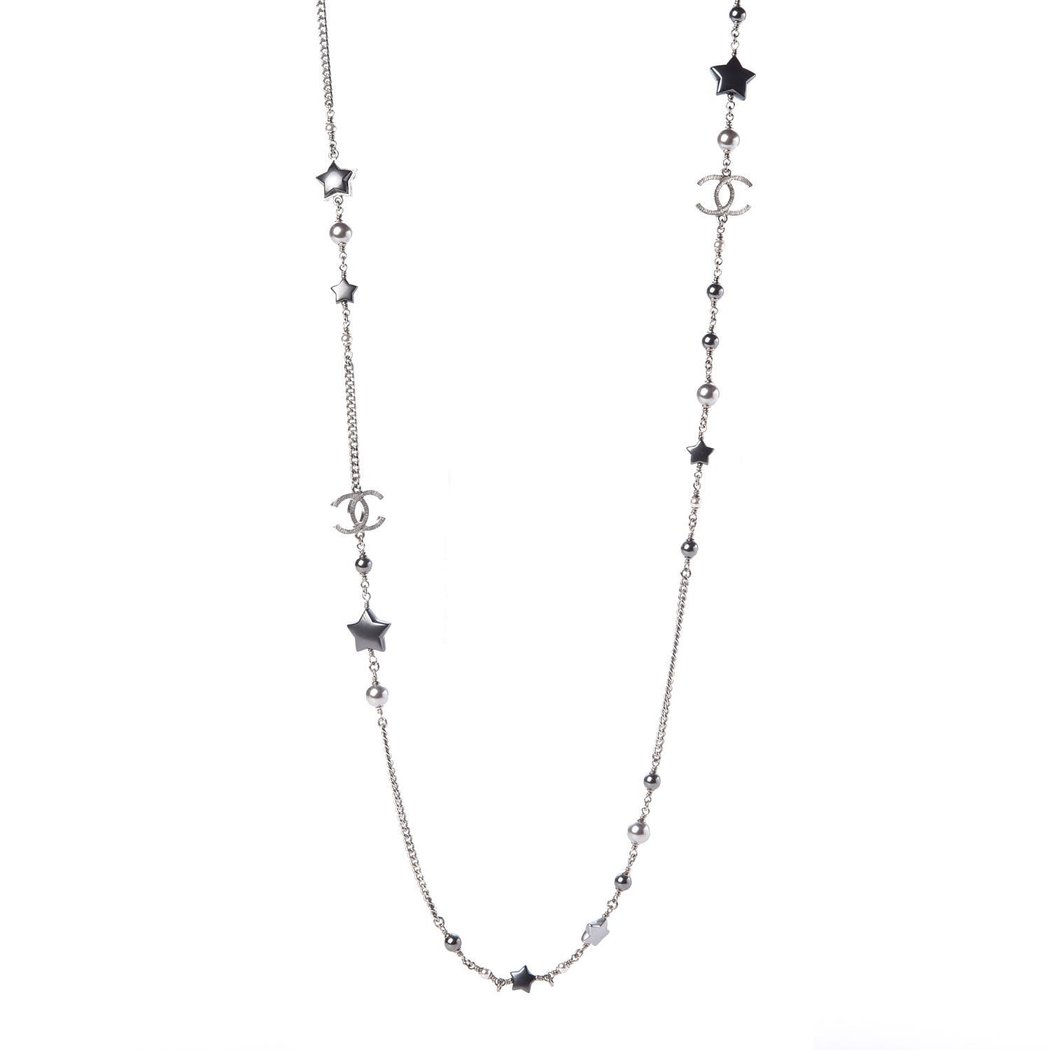 Chanel Resin Pearl Star CC Necklace Grey Silver 1 of 5