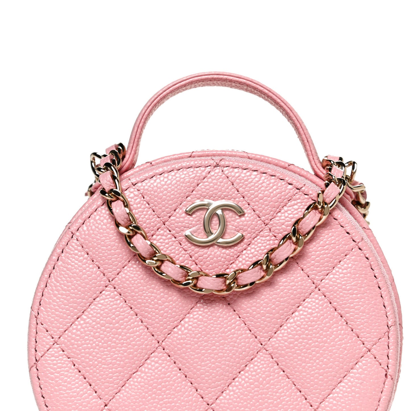 Caviar Quilted Round Handle With Care Vanity With Chain Pink