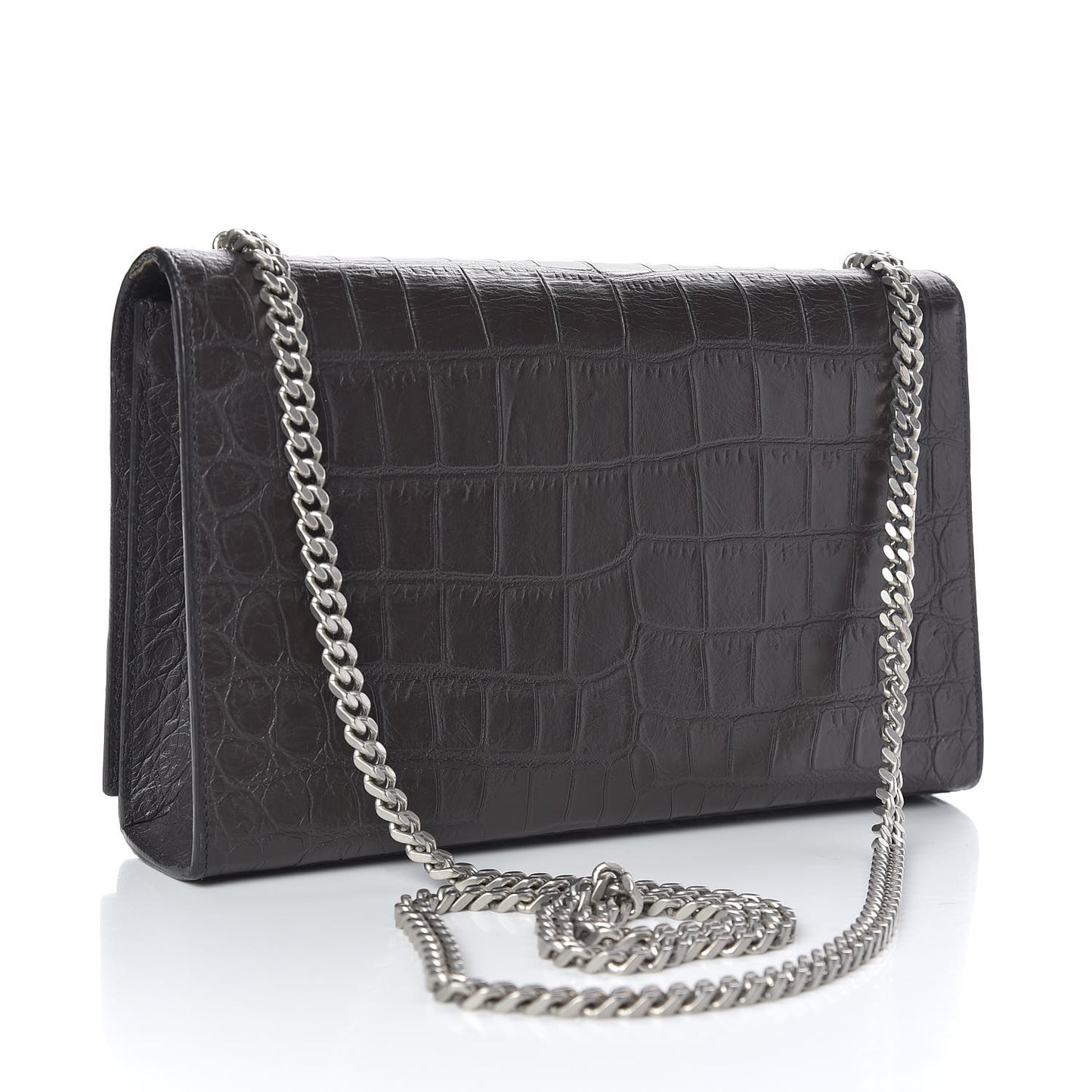 Calfskin Crocodile Embossed Medium Classic Monogram Kate Tassel Satchel Earth Grey