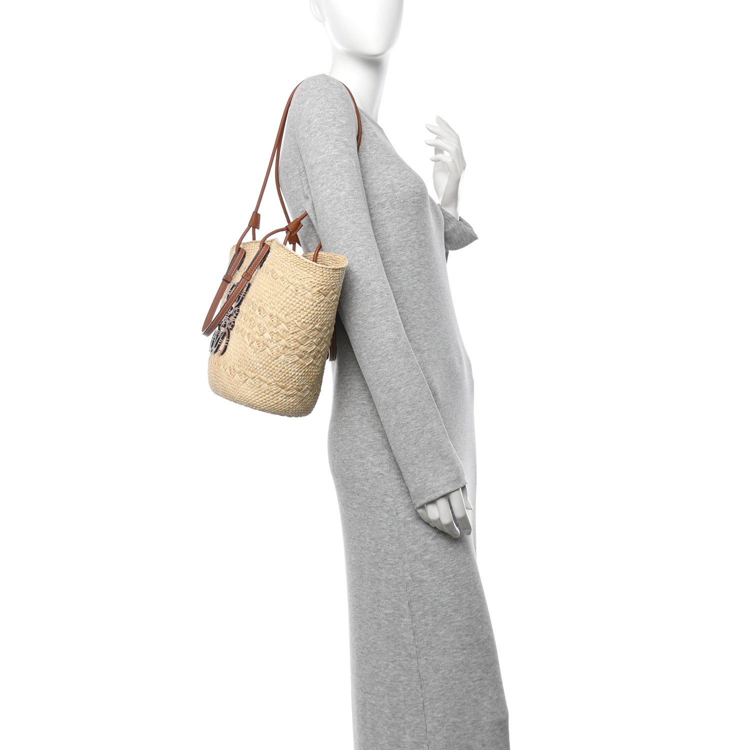 Loewe Calfskin Raffia Paulas Ibiza Medium Anagram Basket Tote Bag Natural Tan 2 of 11