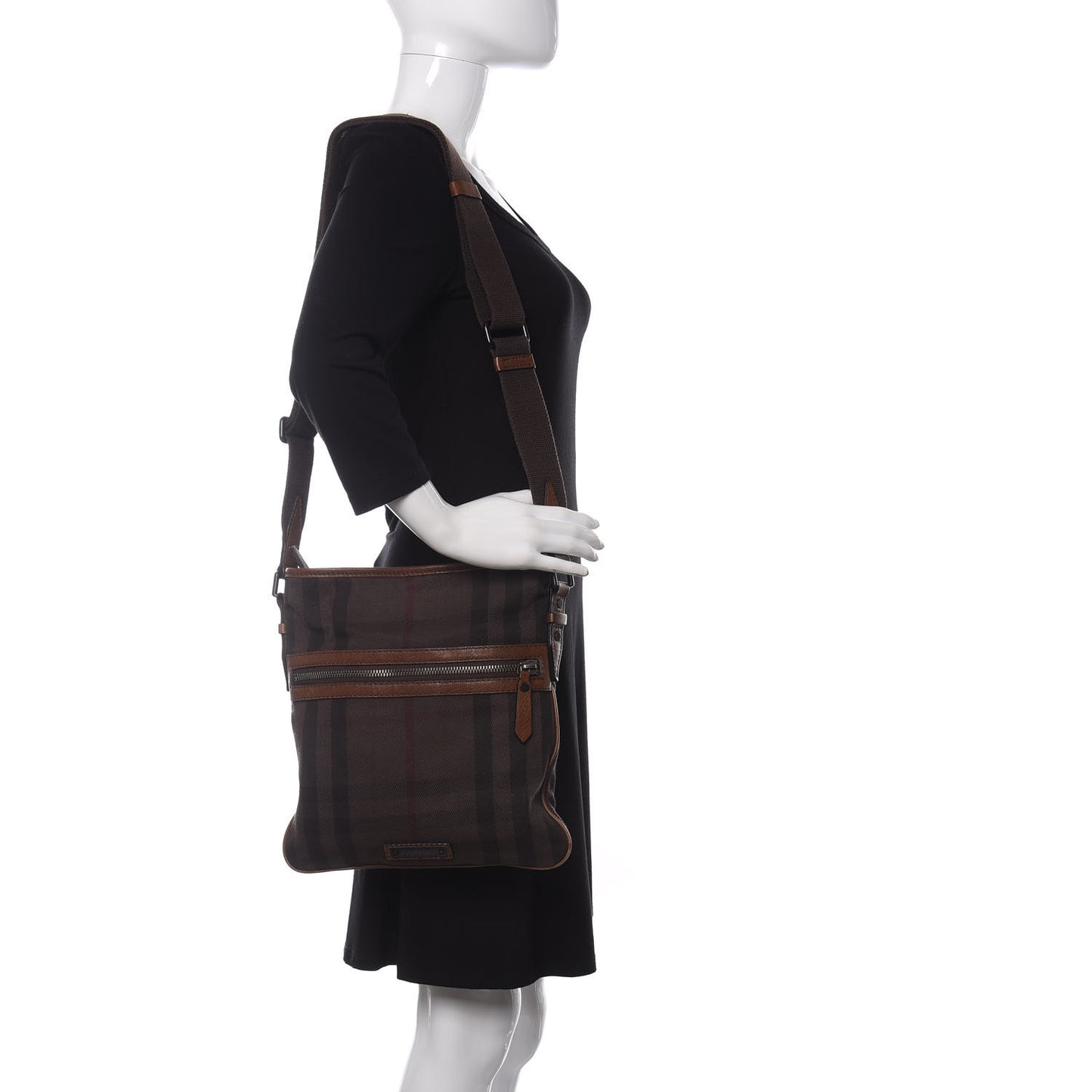 Overdyed Canvas House Check Flat Crossbody Messenger Bag Dark Brown
