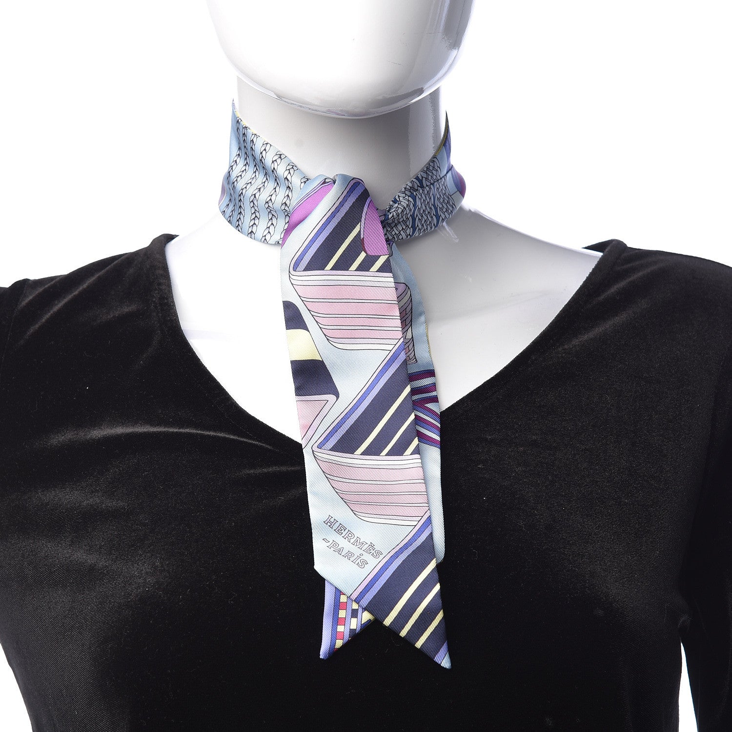 Hermes Silk Sangles En Zigzag Twilly Bleu Mauve Jaune 2 of 5