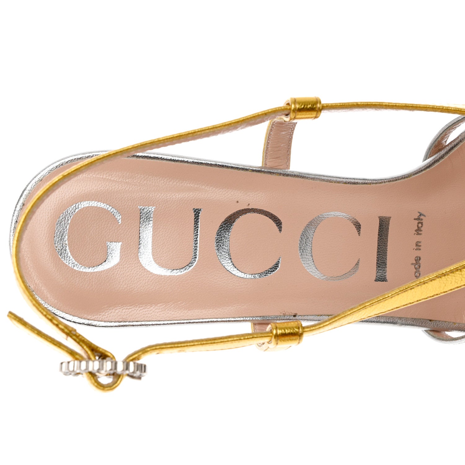 Gucci Metallic Nappa Crystal Zephyra Slingback High Heel Sandals 36.5 Silver Gold 6 of 10
