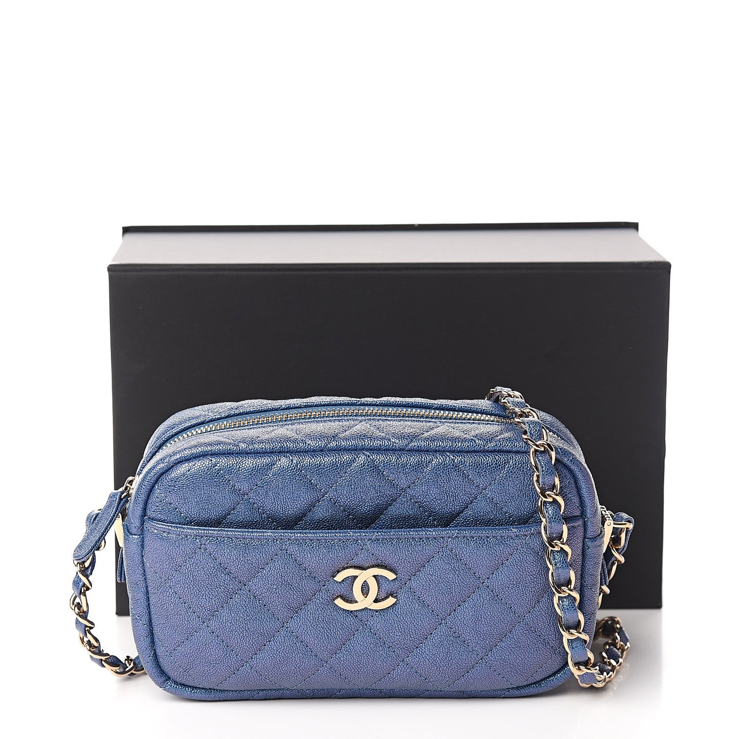Iridescent Caviar Quilted Camera Case Blue