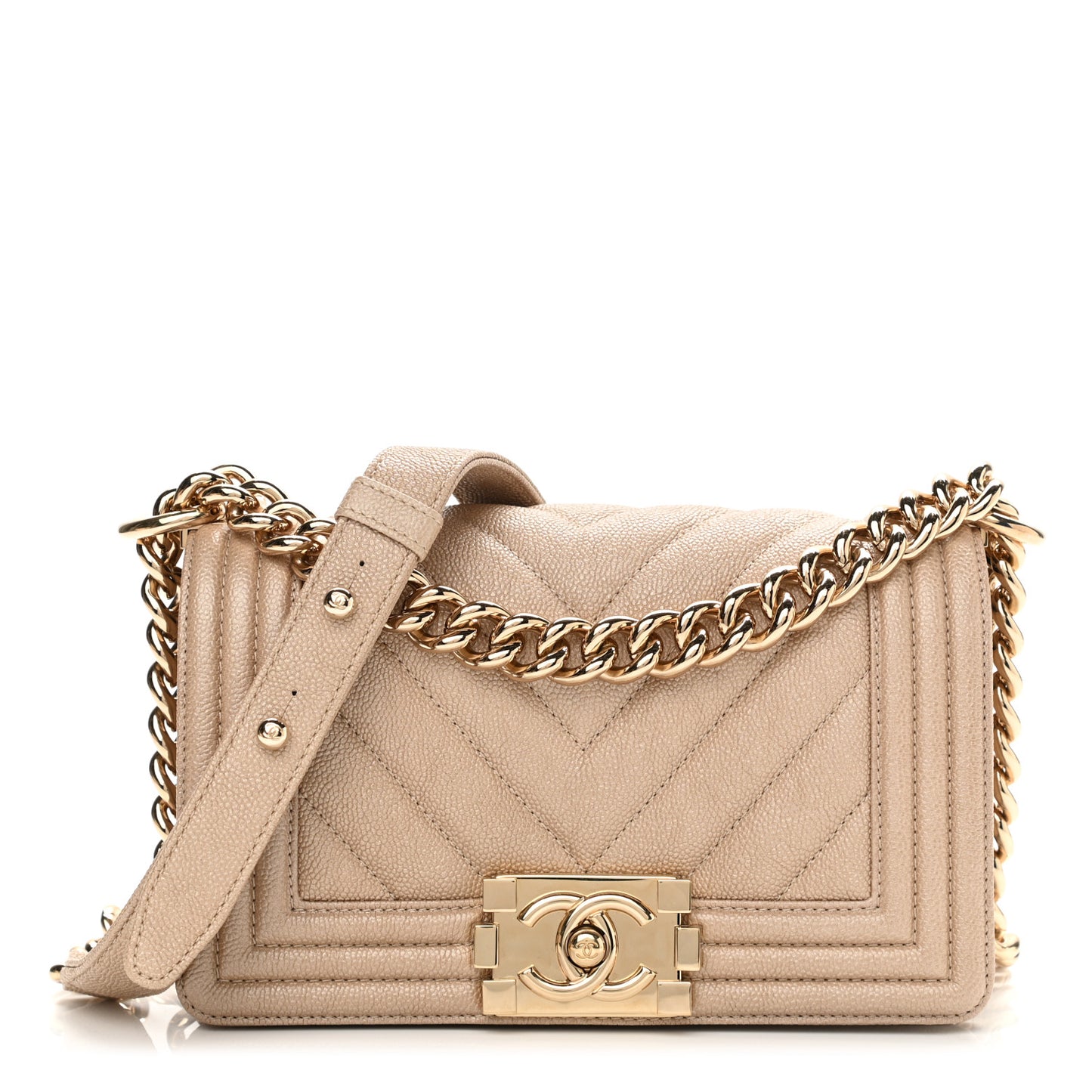 Iridescent Caviar Chevron Quilted Small Boy Flap Beige