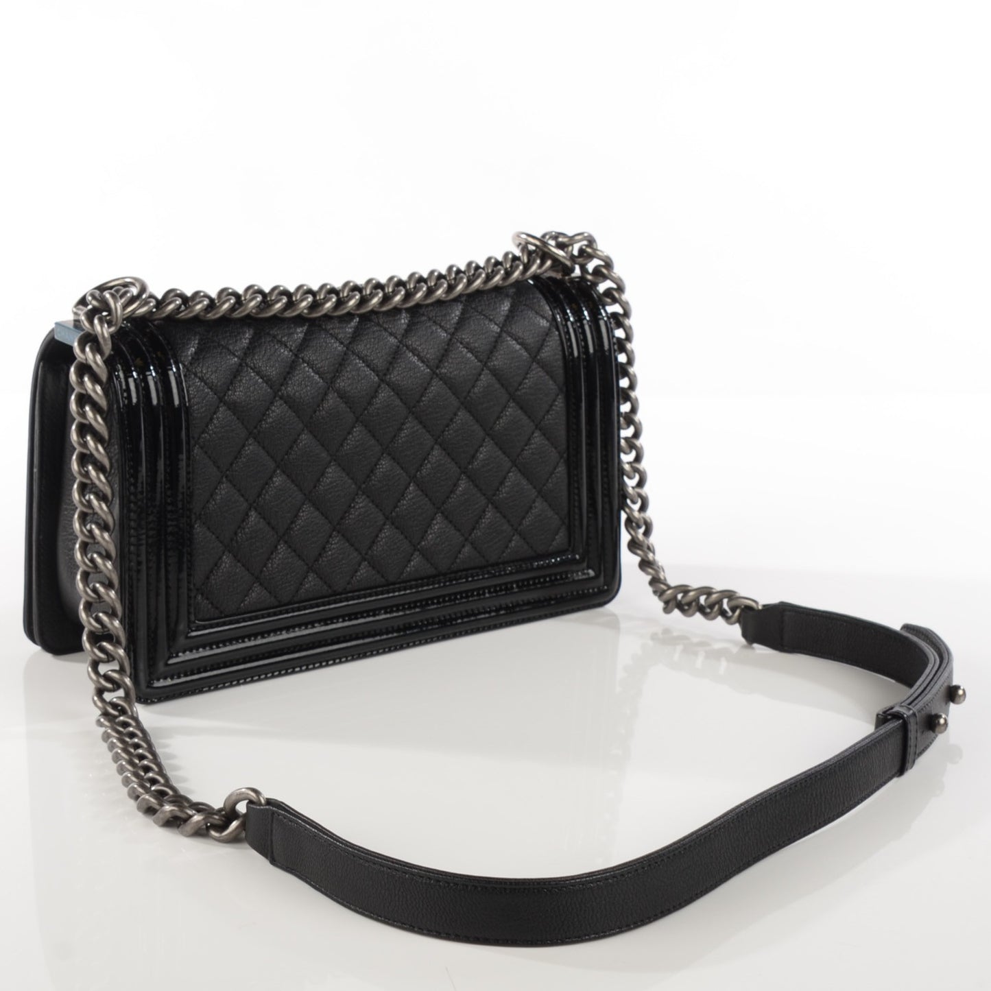 Goatskin Quilted Patent Medium Duo Boy Flap Black