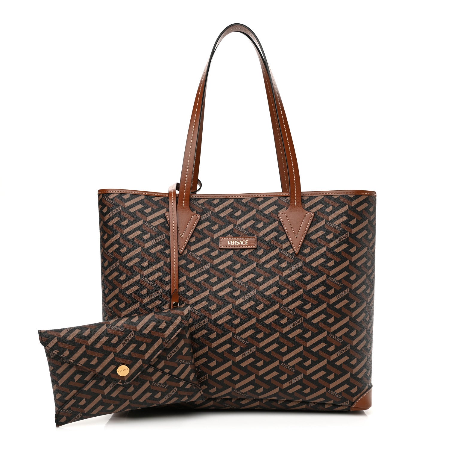 Versace Coated Canvas Calfskin La Greca Signature Shopper Tote Bag Black Caramel 1 of 10