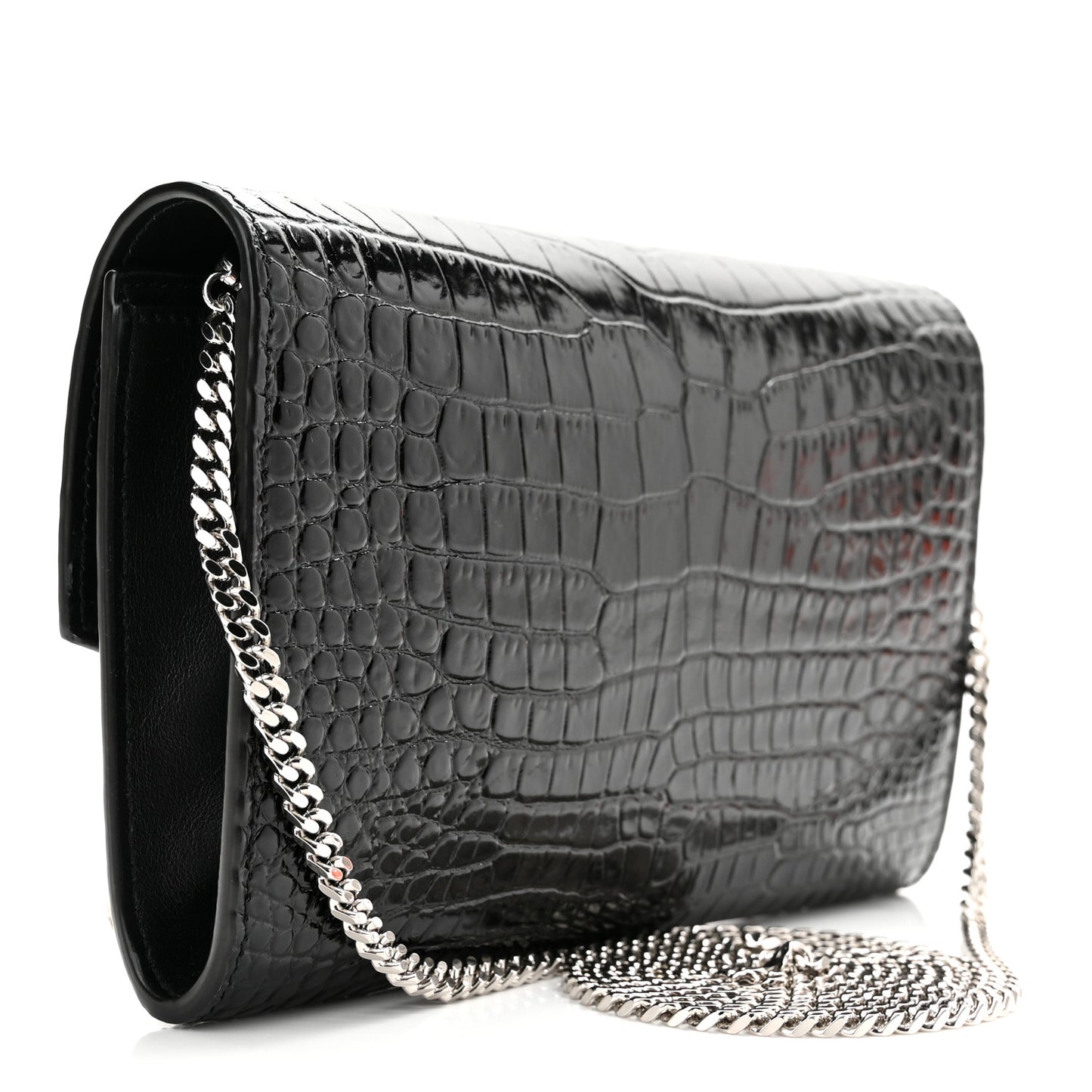 Calfskin Crocodile Embossed Monogram Uptown Chain Wallet Black