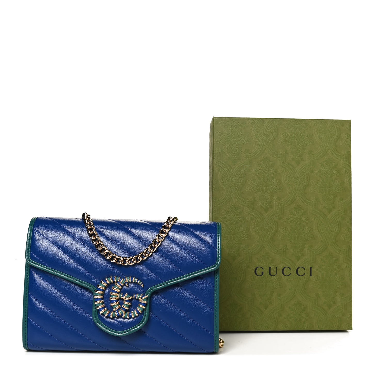Azalea Calfskin Enamel Matelasse Diagonal Torchon GG Marmont Chain Wallet Imperial Blue Pavone
