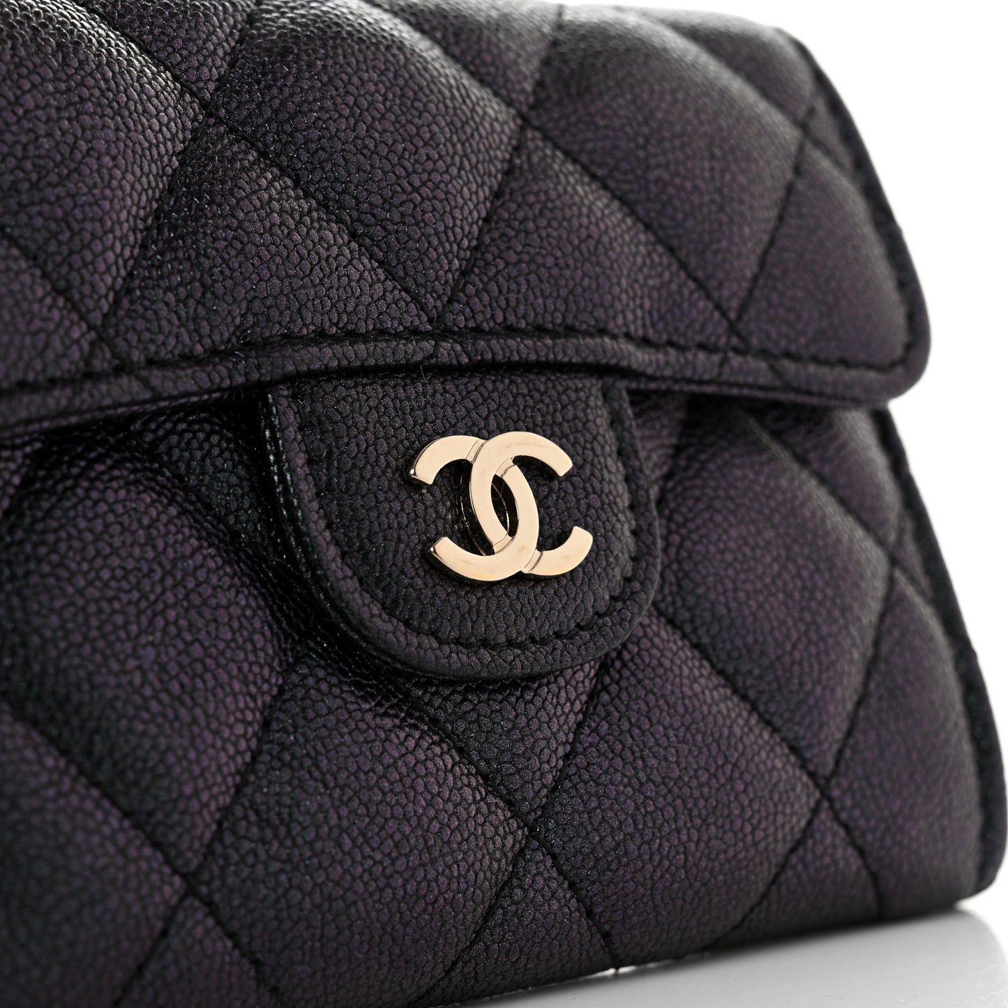 Iridescent Caviar Quilted Flap Card Holder Wallet Black