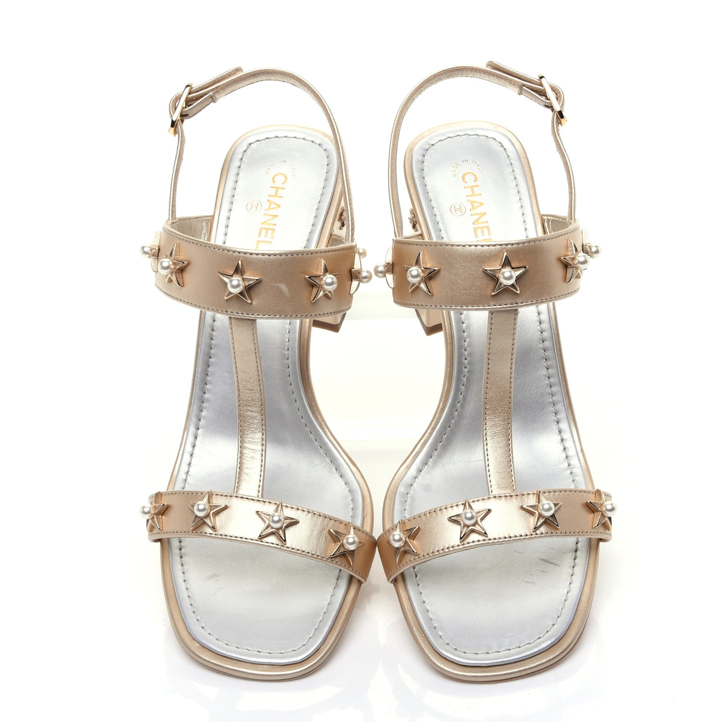 Iridescent Calfskin Pearl Stars Sandals 39 Light Gold