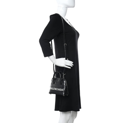 Balenciaga Calfskin Logo Crocodile Embossed XXS Ville Top Handle Bag Black White 2 of 9