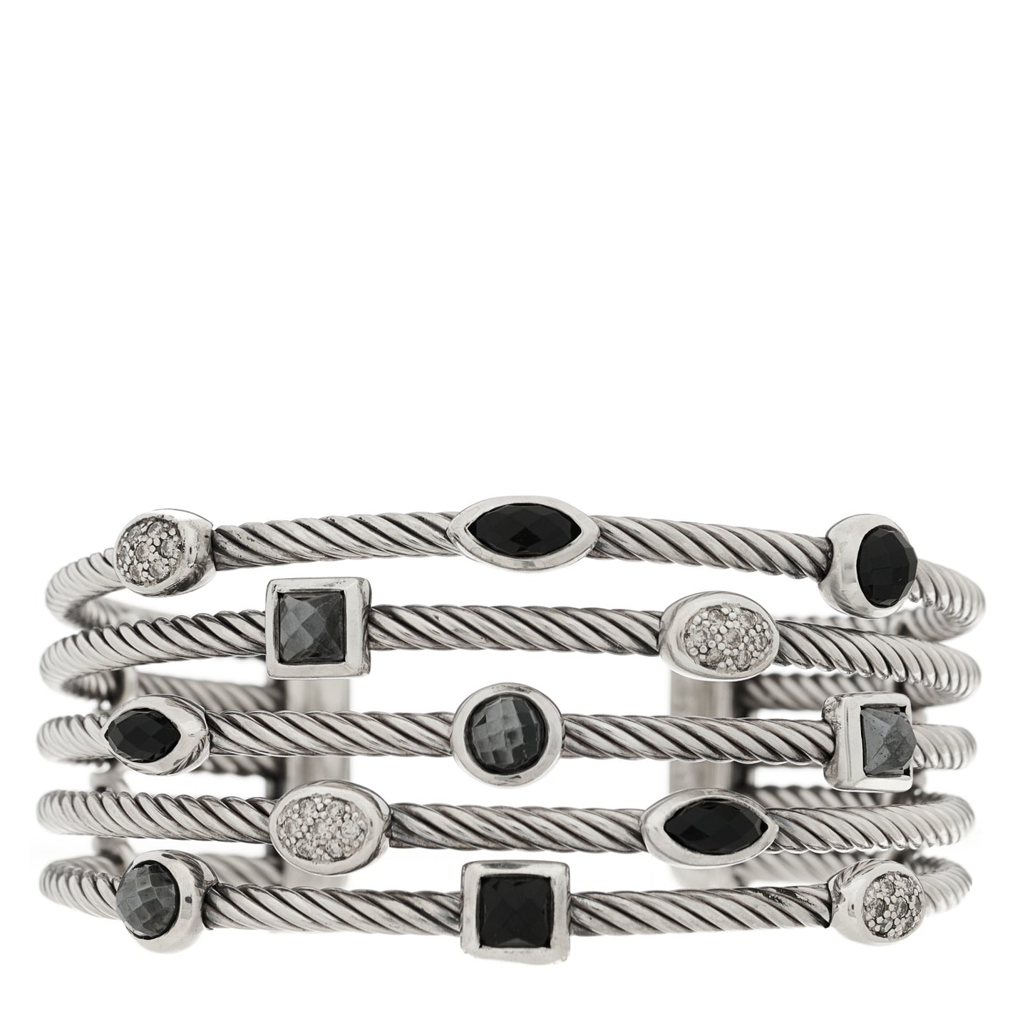 Sterling Silver Diamond Hematite Black Onyx Five Row Confetti Cuff Bracelet