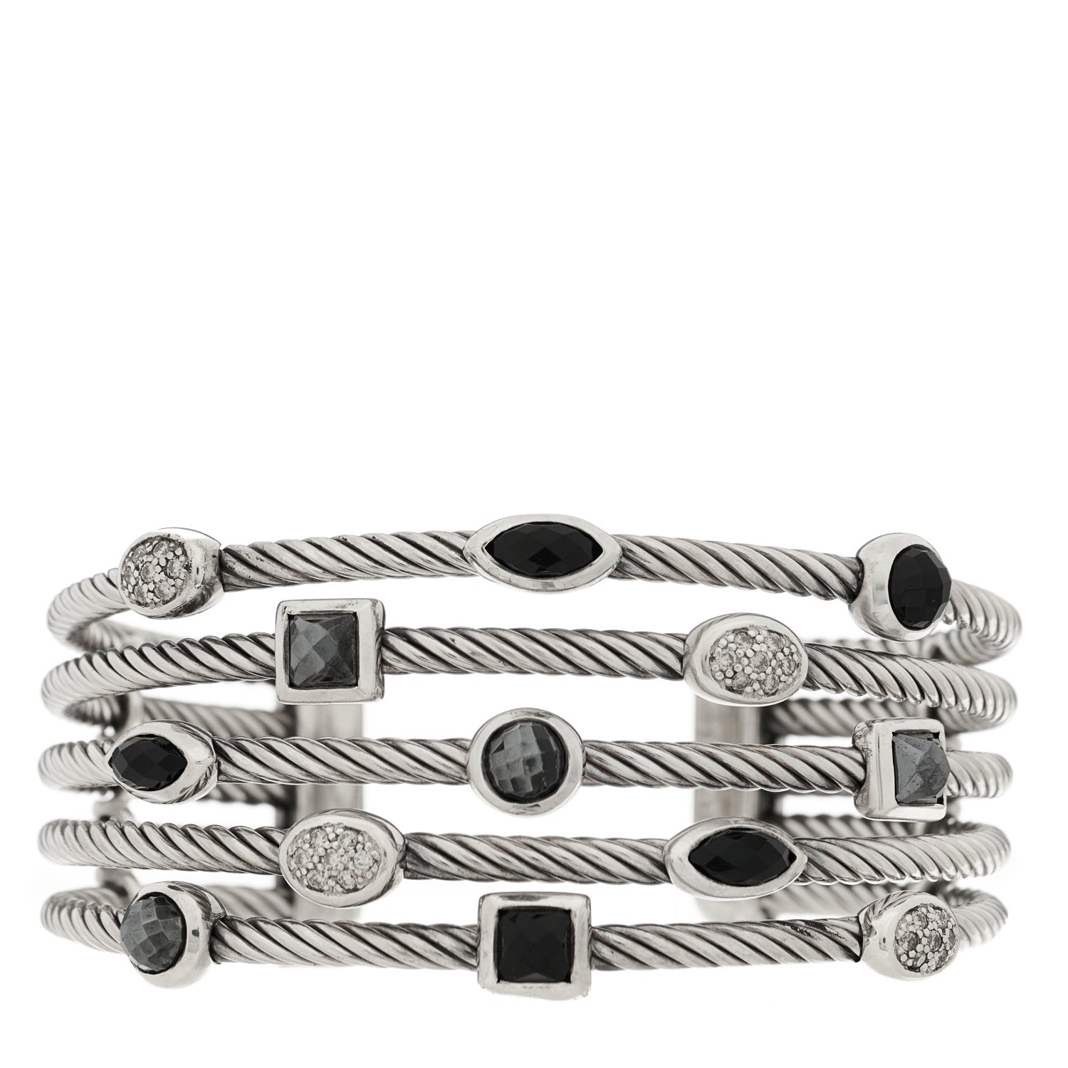 David Yurman Sterling Silver Diamond Hematite Black Onyx Five Row Confetti Cuff Bracelet 1 of 3