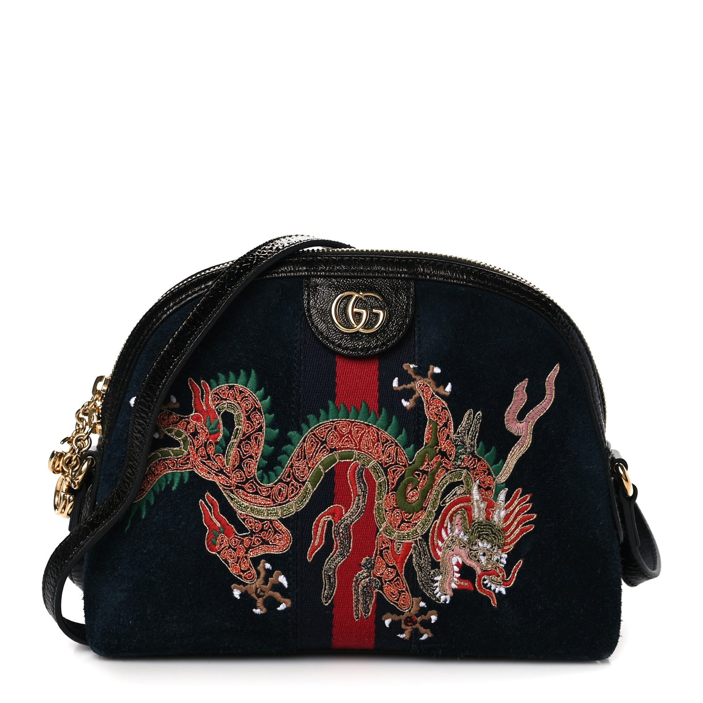 Suede Patent Dragon Embroidered Small Ophidia Dome Shoulder Bag Blue Multicolor