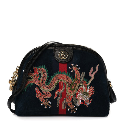 Gucci Suede Patent Dragon Embroidered Small Ophidia Dome Shoulder Bag Blue Multicolor 1 of 9