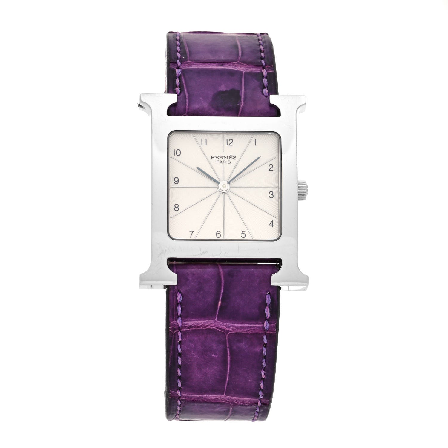 Hermes Stainless Steel Alligator 26mm Heure H Hour Quartz Watch Amethyst 1 of 5