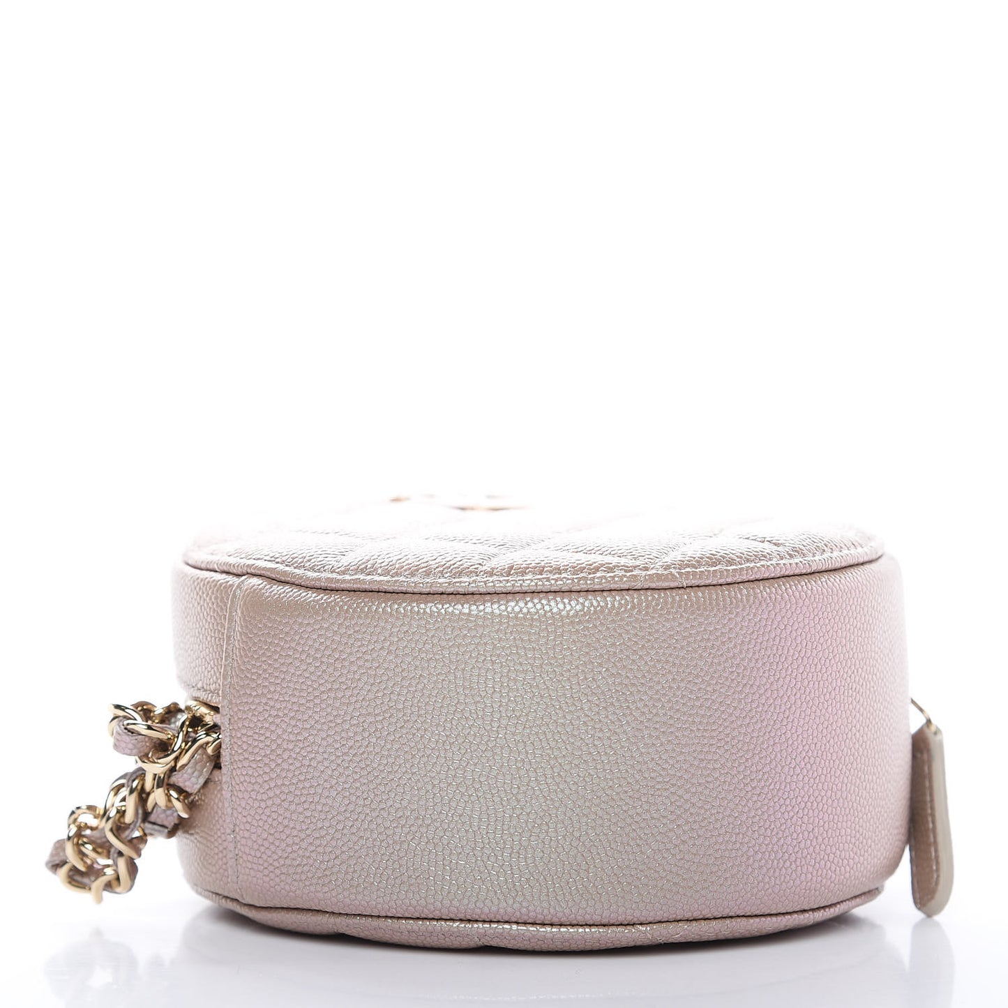 Iridescent Caviar Quilted Round Clutch With Chain Beige