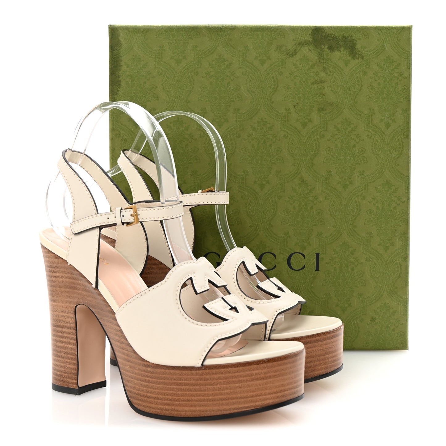 Cosmos Softy Calfskin Wooden Interlocking G Cut-Out 30/120mm Platform Sandals 38 Mystic White