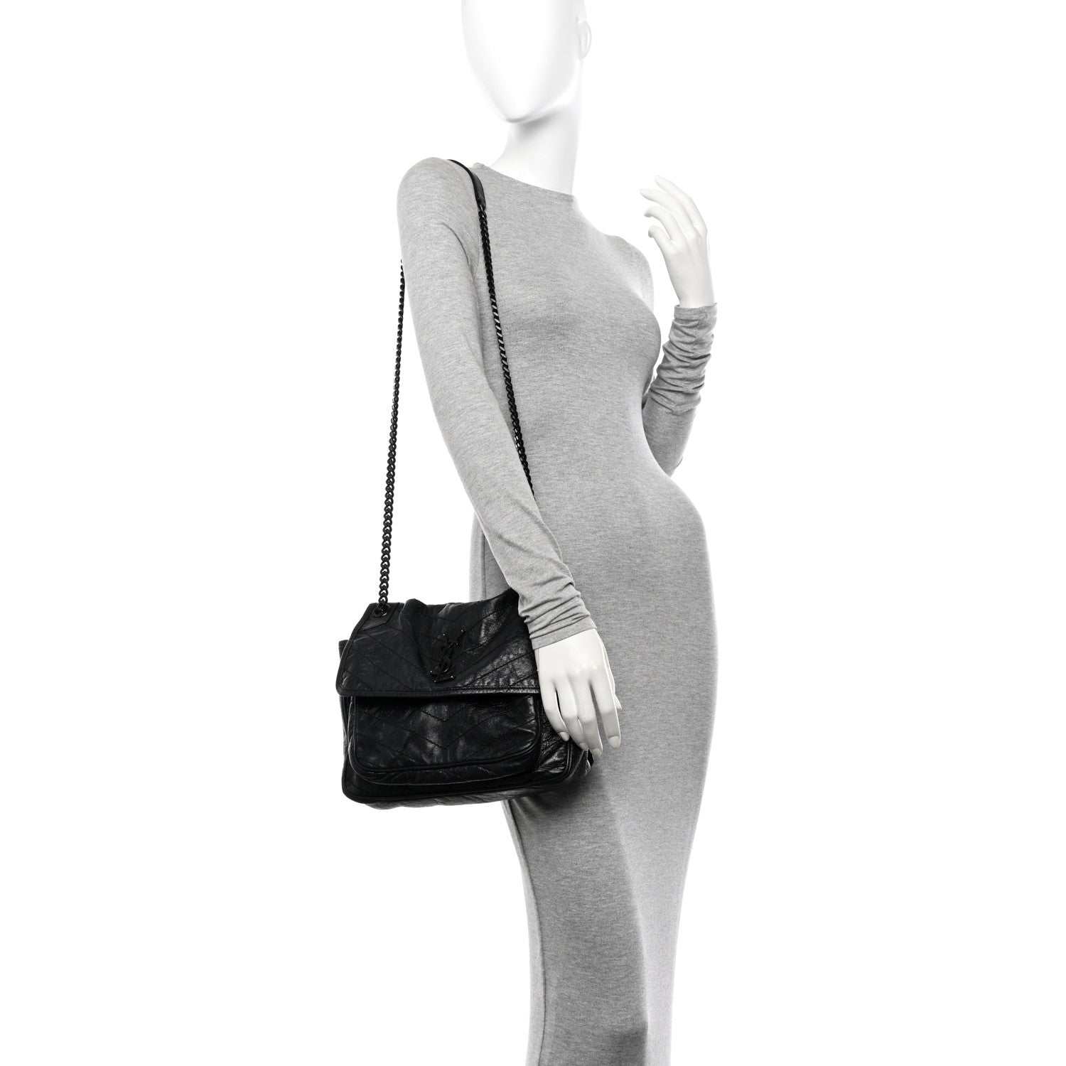 Saint Laurent Crinkled Calfskin Matelasse Monogram Medium Niki Chain Satchel Black 2 of 10