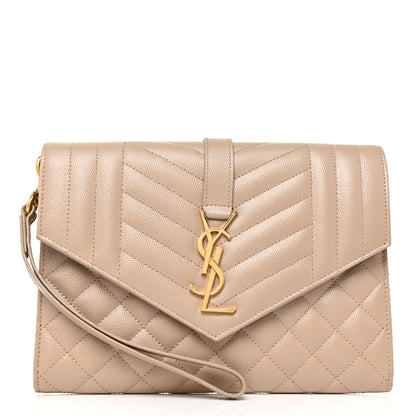 Saint Laurent Grain De Poudre Textured Mixed Matelasse Triquilt Monogram Clutch Dark Beige 1 of 11