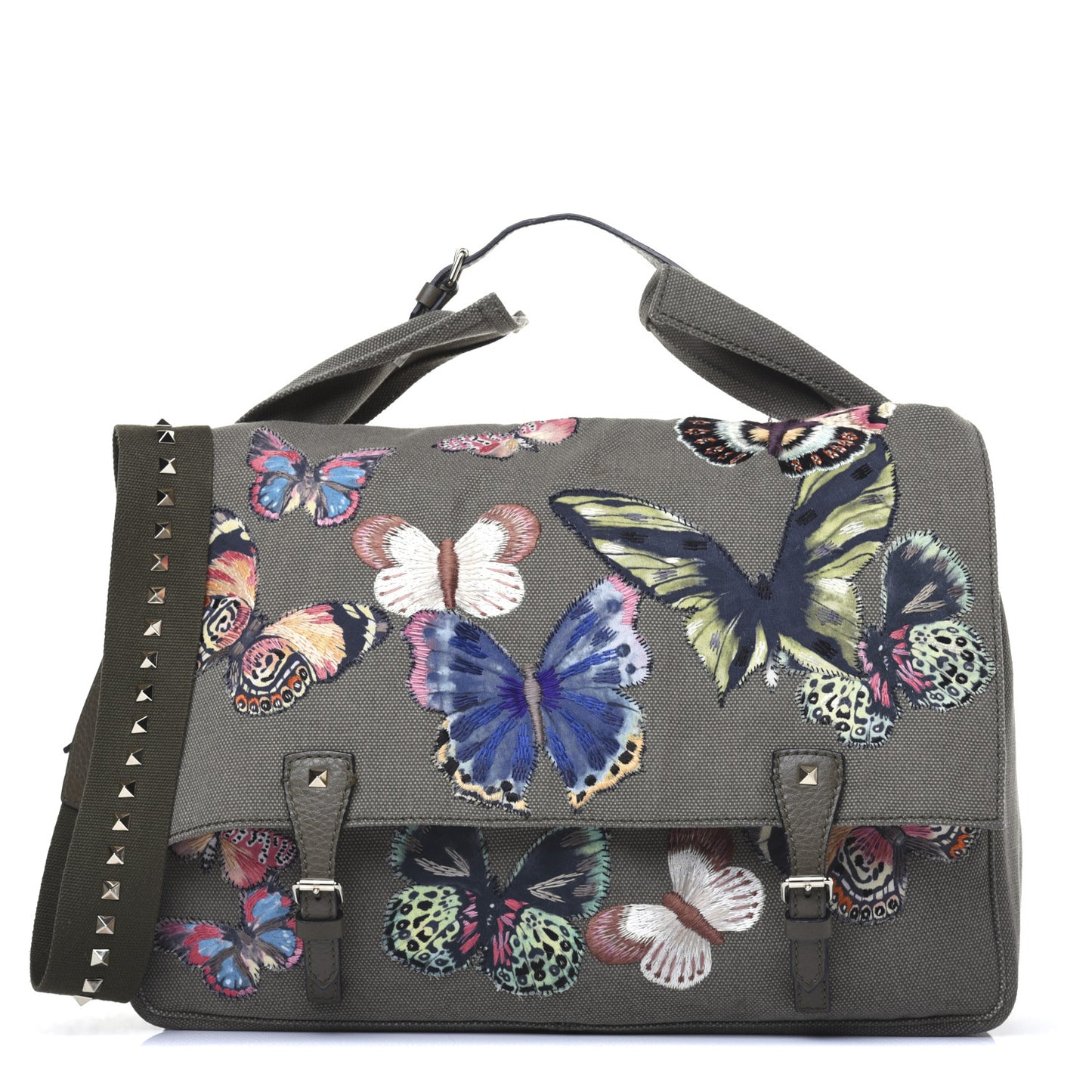 Canvas Butterfly Embroidered Rockstud Messenger Bag Military Green