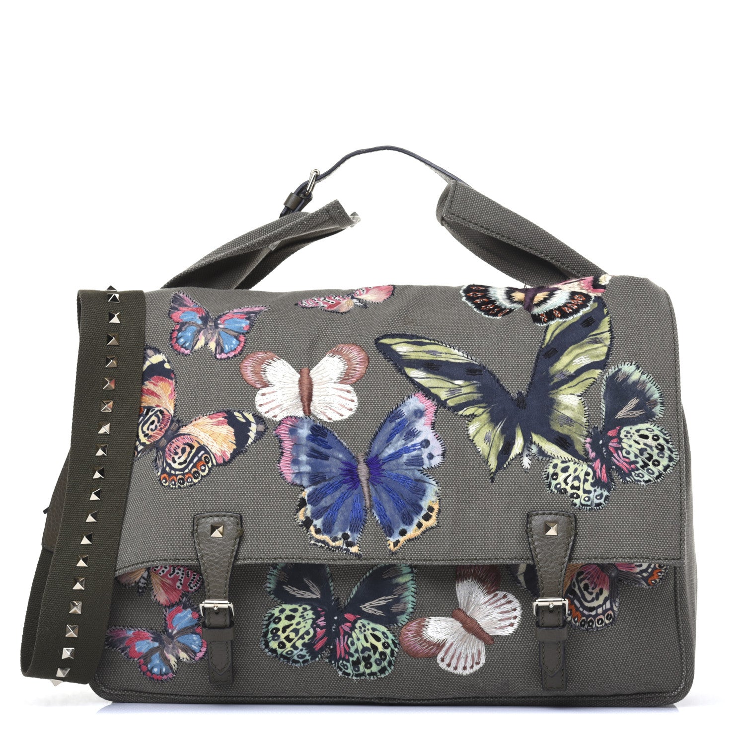 Valentino Garavani Canvas Butterfly Embroidered Rockstud Messenger Bag Military Green 1 of 25