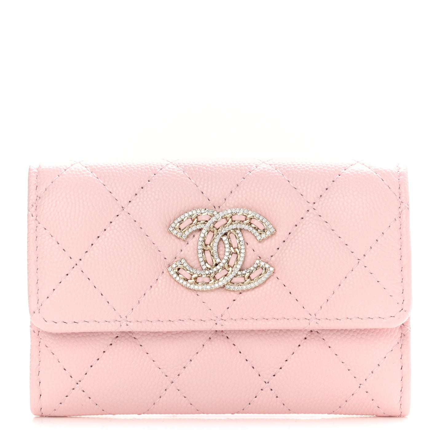 Caviar Quilted Crystal CC Flap Card Holder Pink