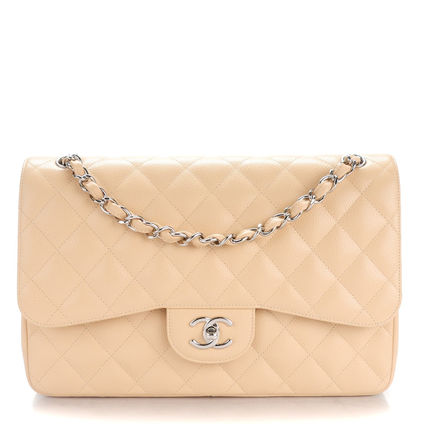 Caviar Quilted Jumbo Double Flap Beige Clair
