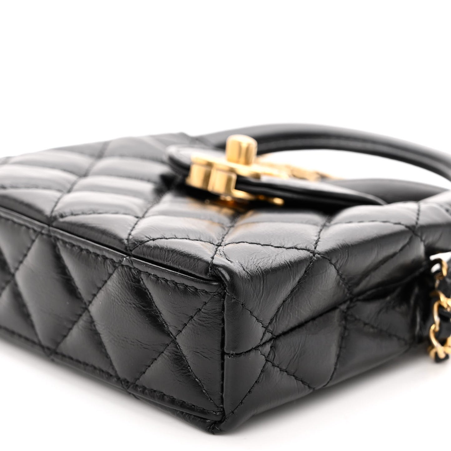 Shiny Aged Calfskin Quilted Mini Nano Kelly Shopper Black