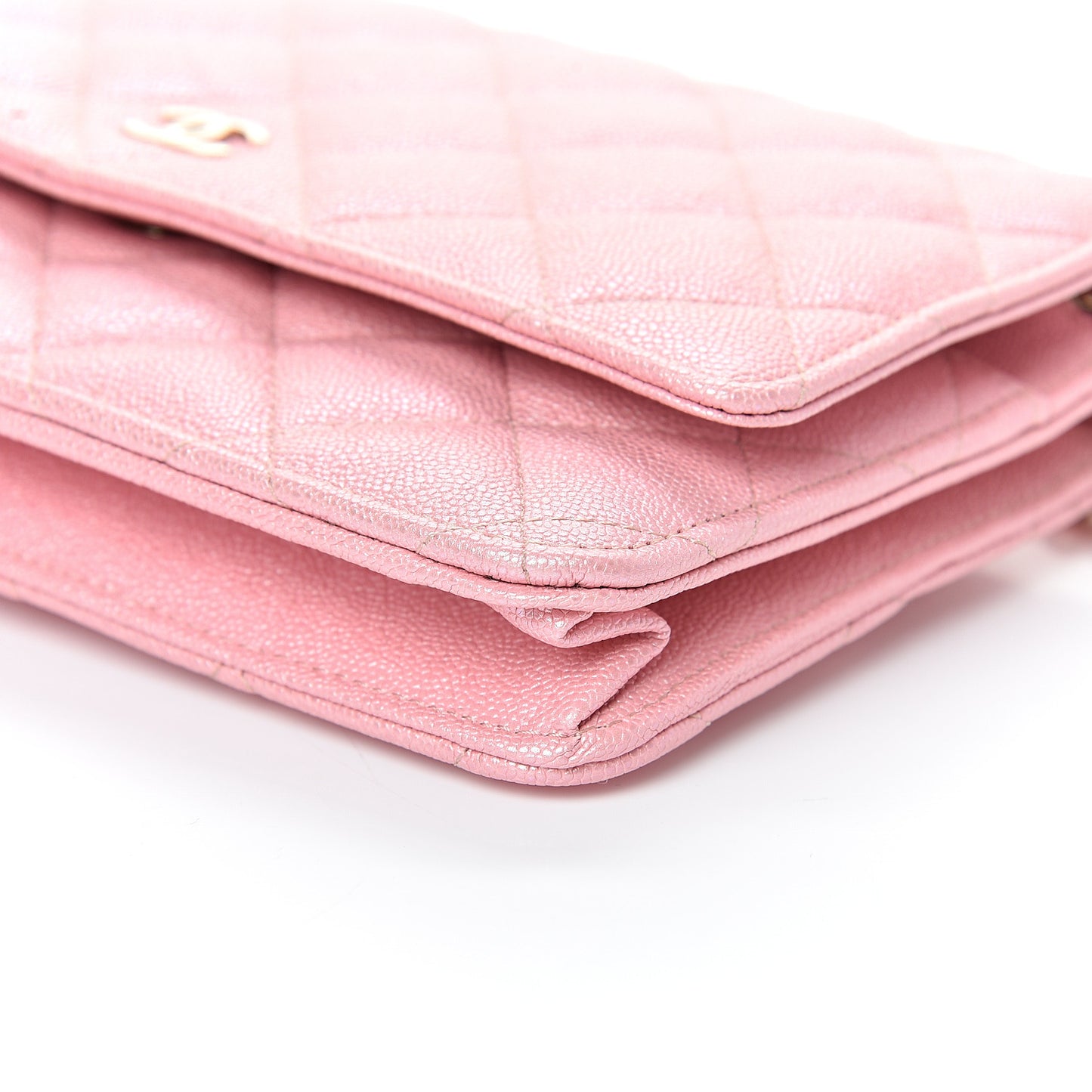 Iridescent Caviar Quilted Wallet on Chain WOC Rose Pink