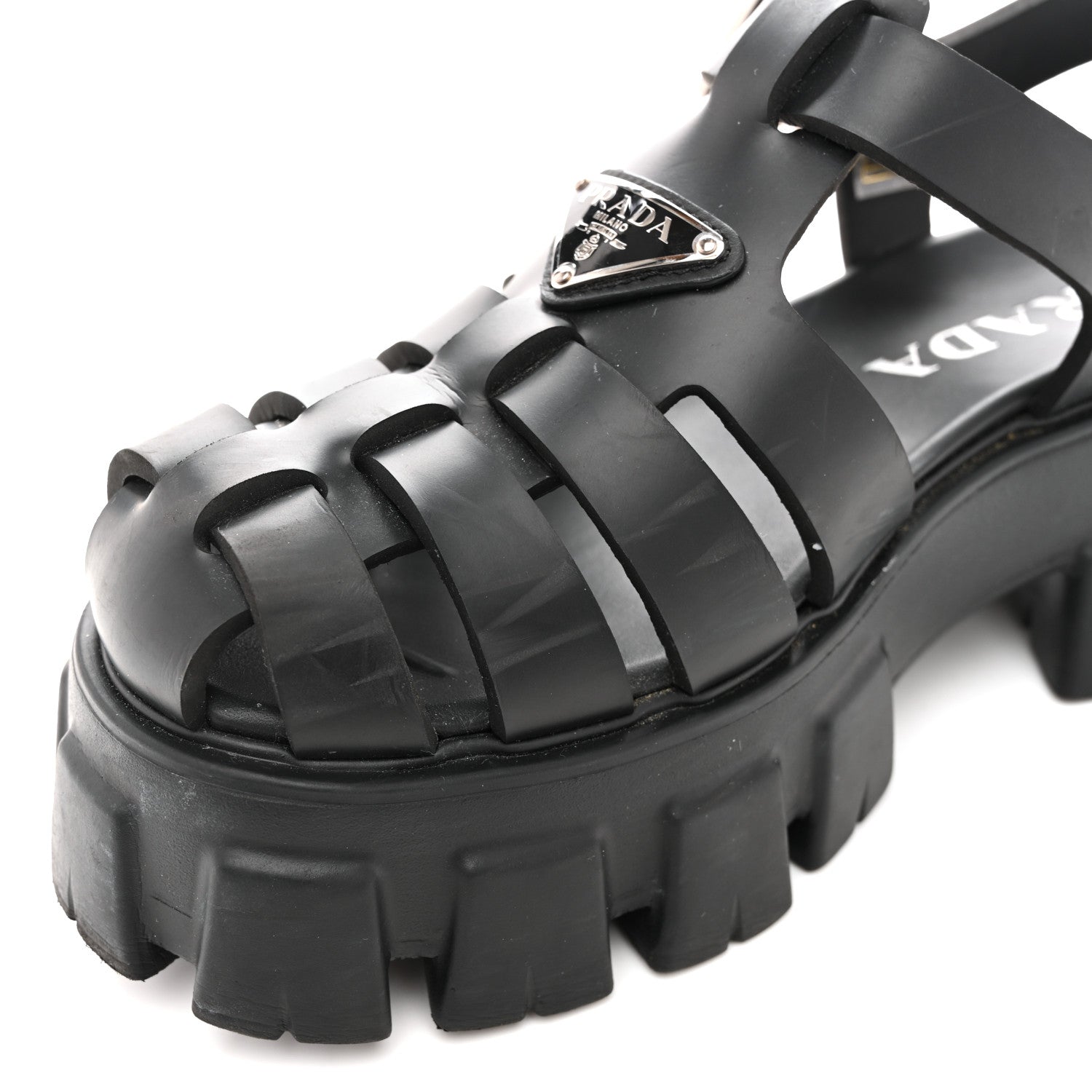 Prada Foam Rubber Triangle Logo Monolith 55mm Cage Sandals 37 Black 10 of 12
