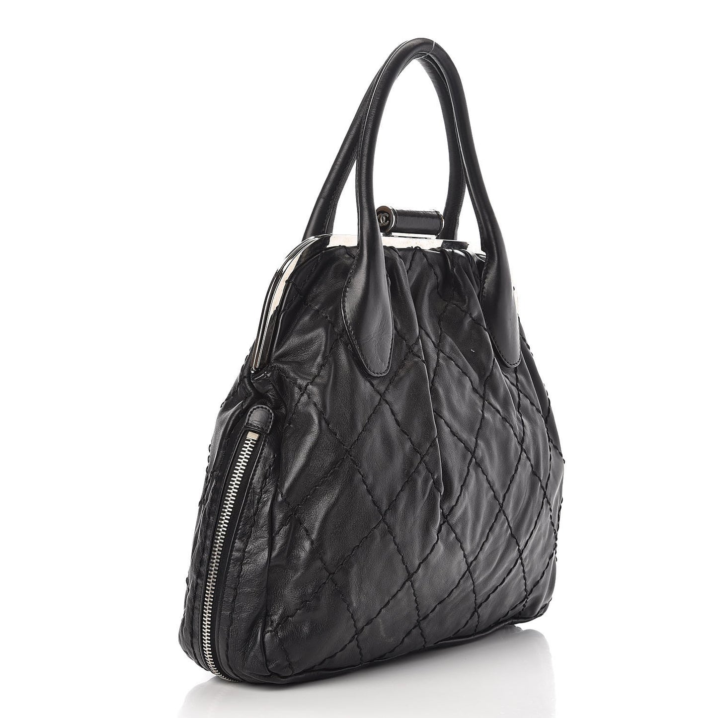 Calfskin Stitched Expandable Frame Bag Black