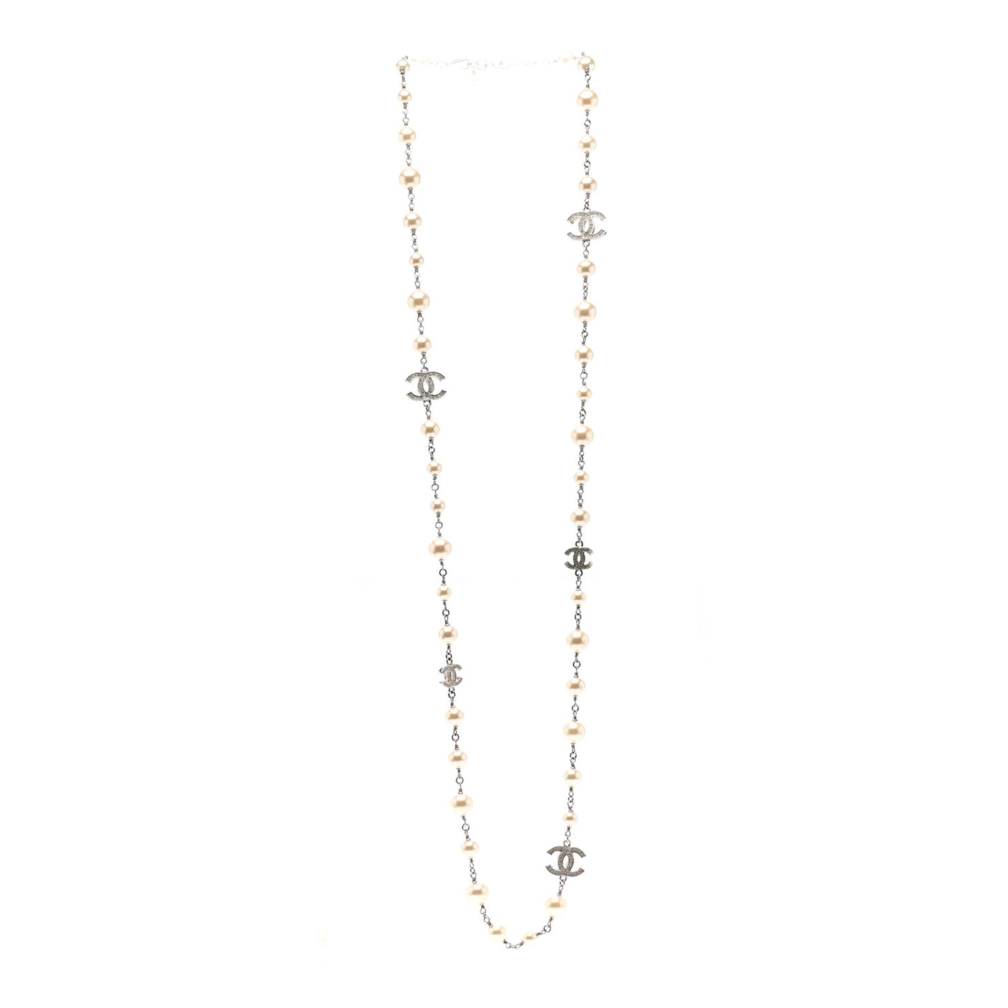 Graduated Pearl Crystal CC Long Necklace Silver