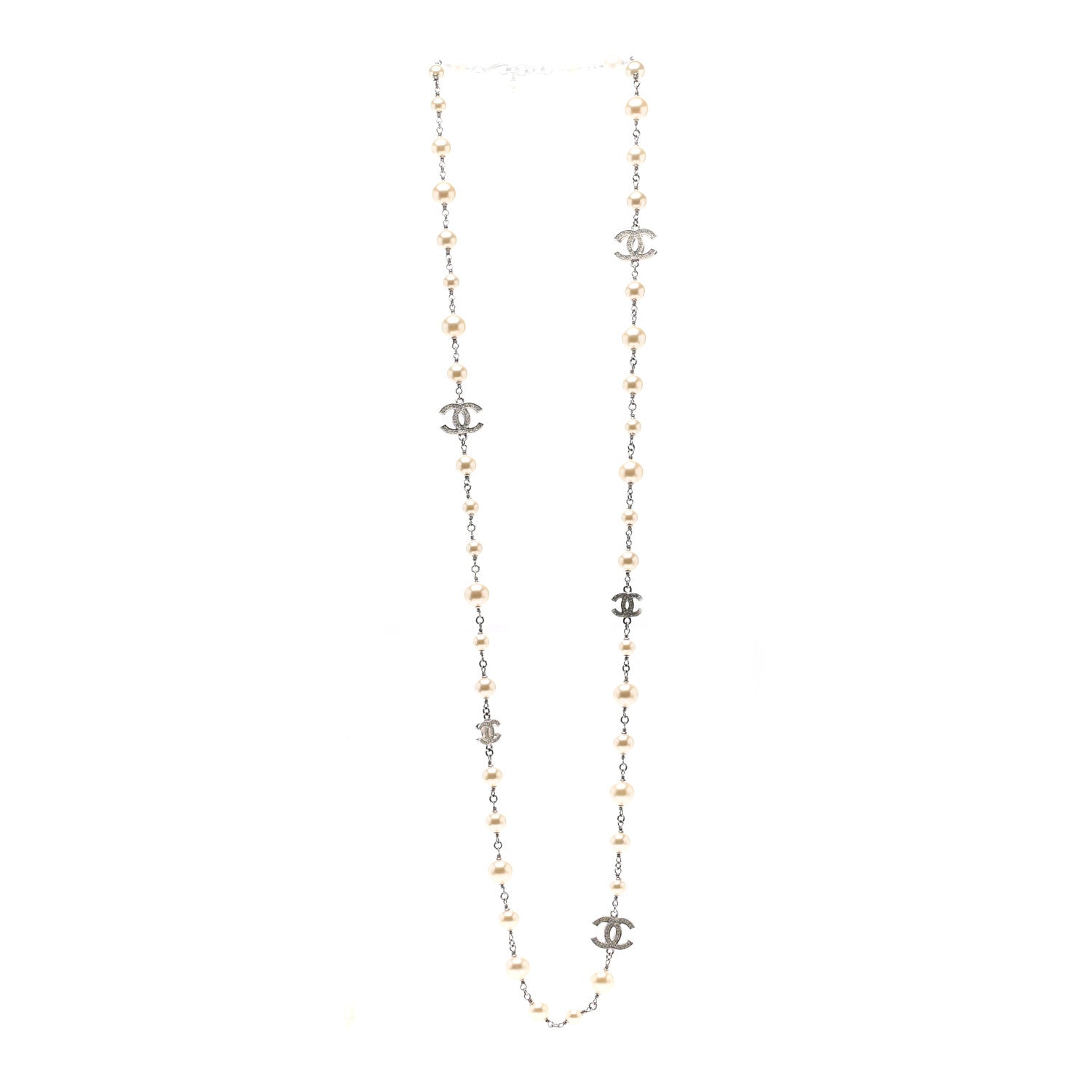 Chanel Graduated Pearl Crystal CC Long Necklace Silver 3 of 5