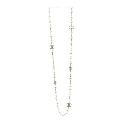 Chanel Graduated Pearl Crystal CC Long Necklace Silver 3 of 5