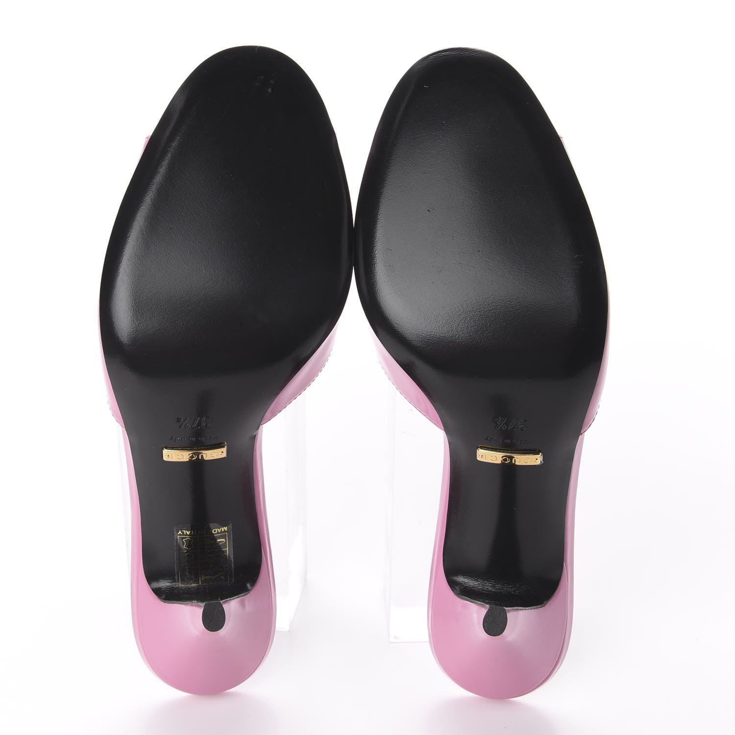 Gucci Polished Calfskin Scarlet Mid Heel Slide Sandals 37.5 Pink Plexi 6 of 11