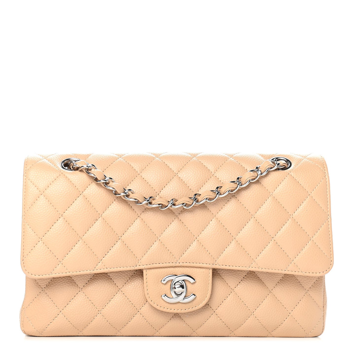 Caviar Quilted Medium Double Flap Beige