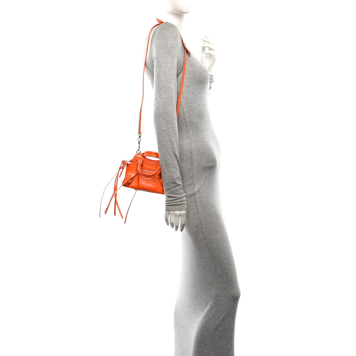 Balenciaga Semi Shiny Calfskin Crocodile Embossed Neo Classic Silver Hardware Nano City Crossbody Orange 2 of 10