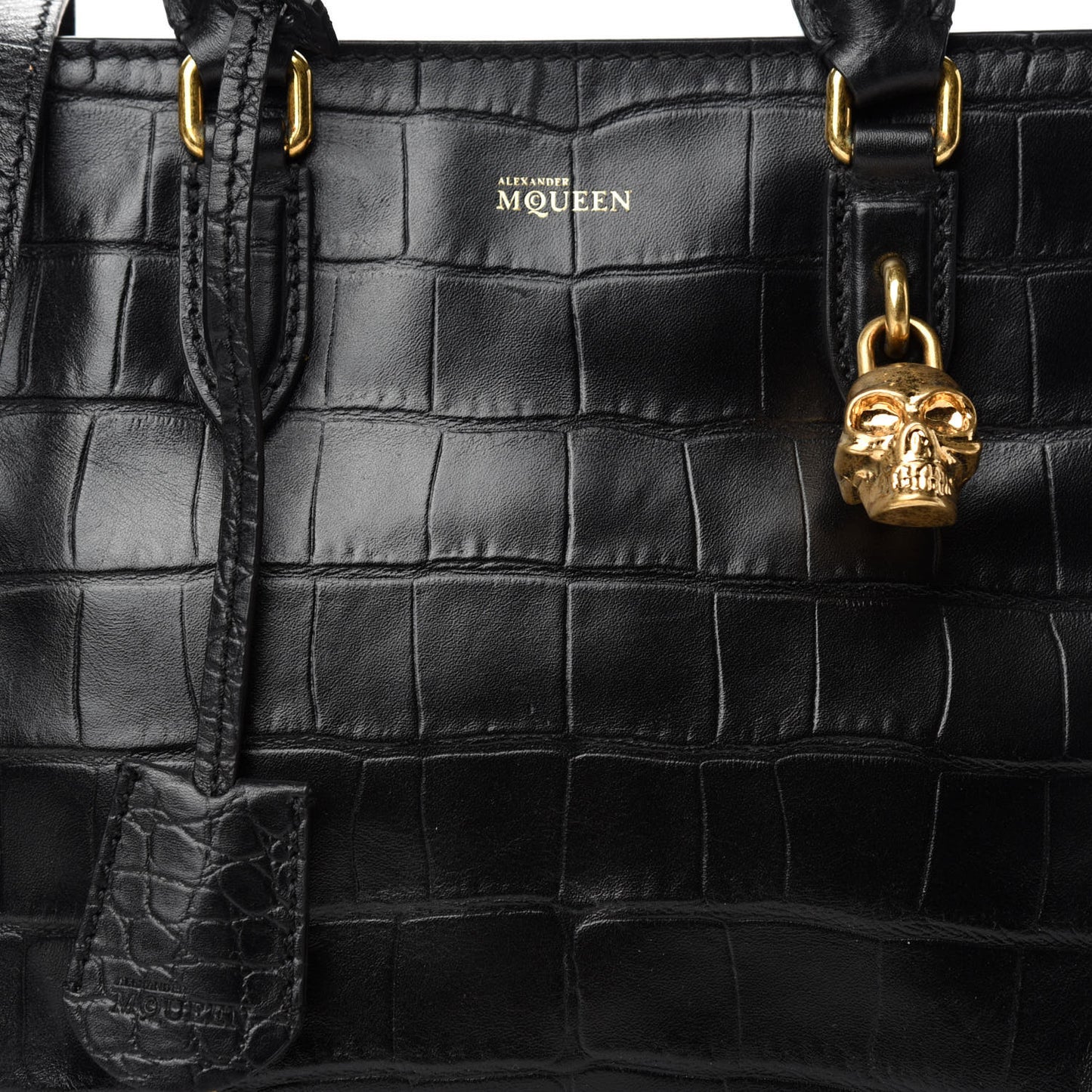 Calfskin Crocodile Embossed Small Skull Padlock Zip Around Tote Black
