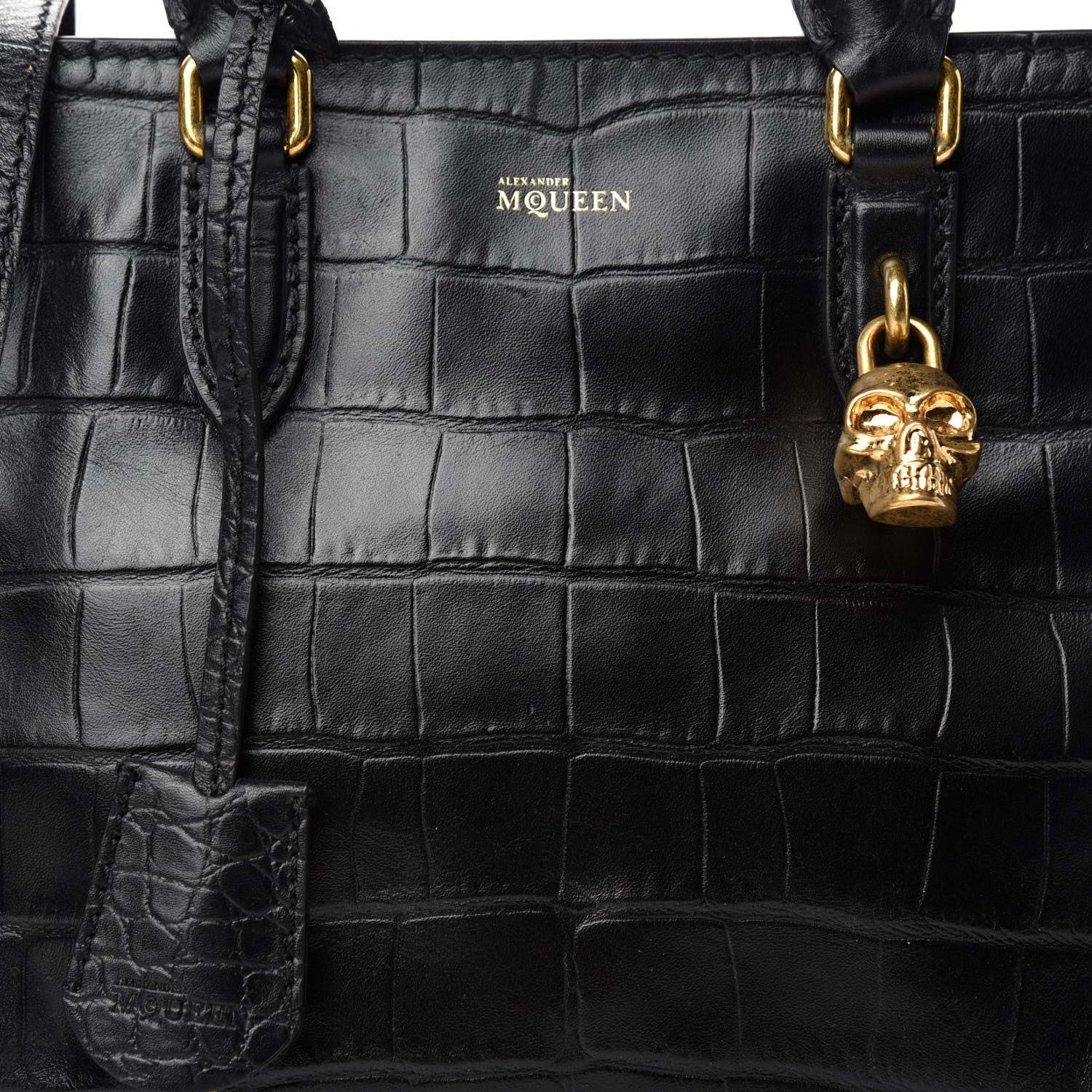 Alexander McQueen Calfskin Crocodile Embossed Small Skull Padlock Zip Around Tote Black 10 of 10