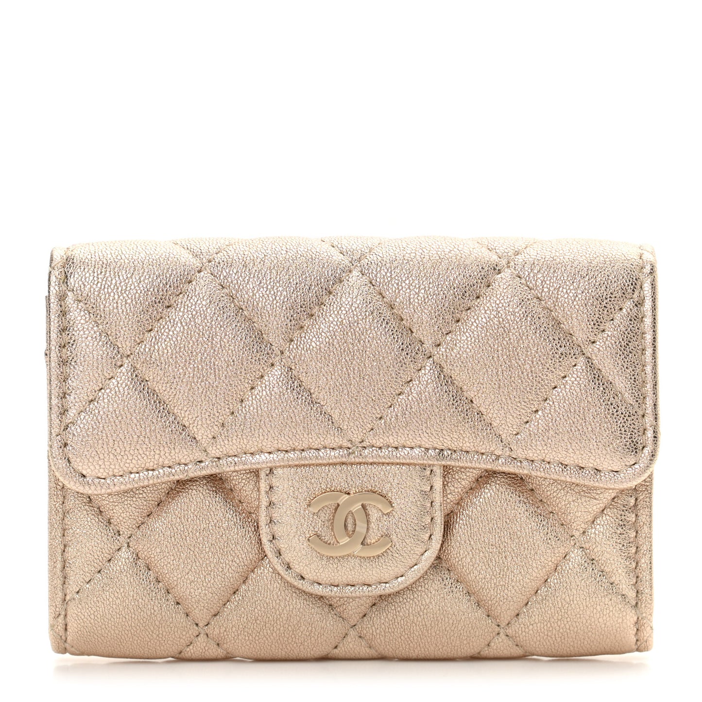 Metallic Lambskin Quilted Flap Card Holder Wallet Gold