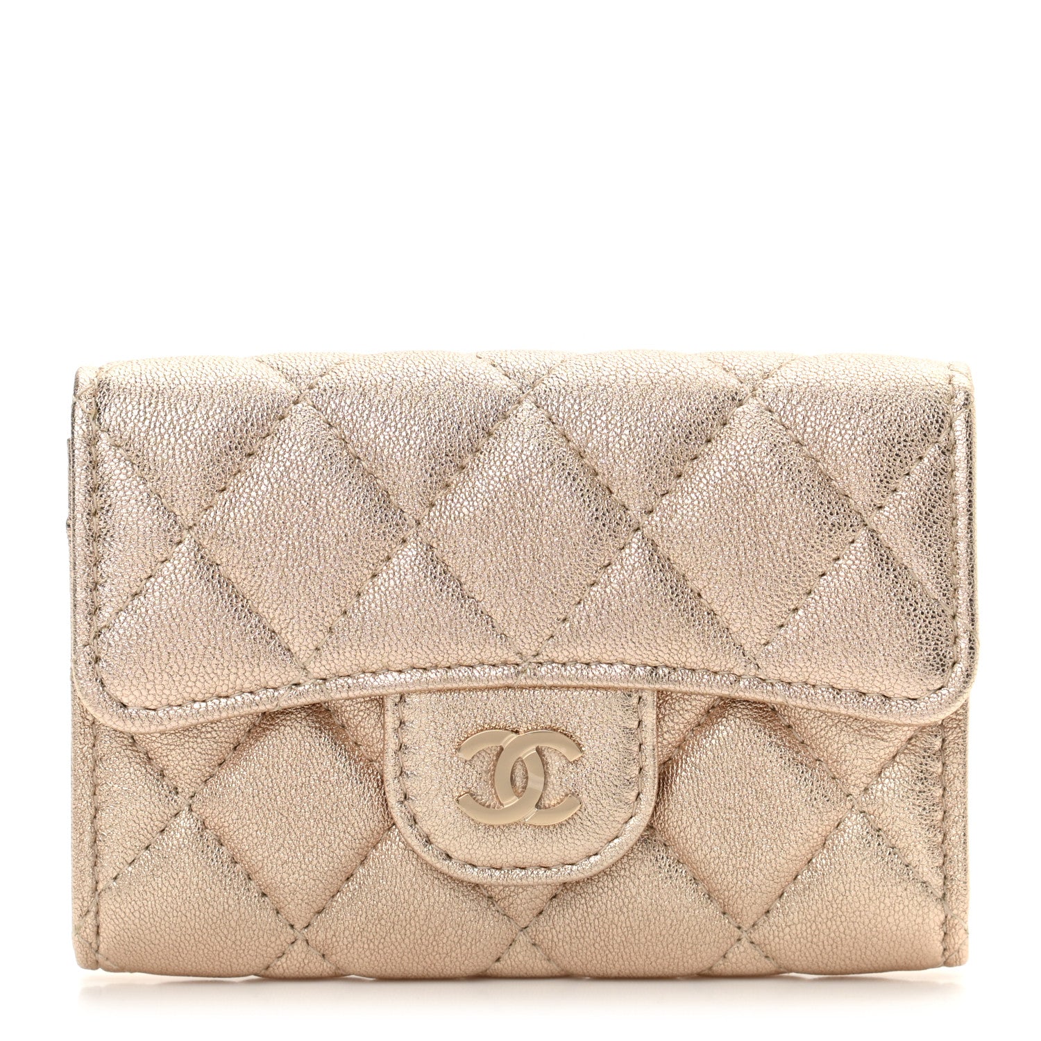 Chanel Metallic Lambskin Quilted Flap Card Holder Wallet Gold 1 of 10