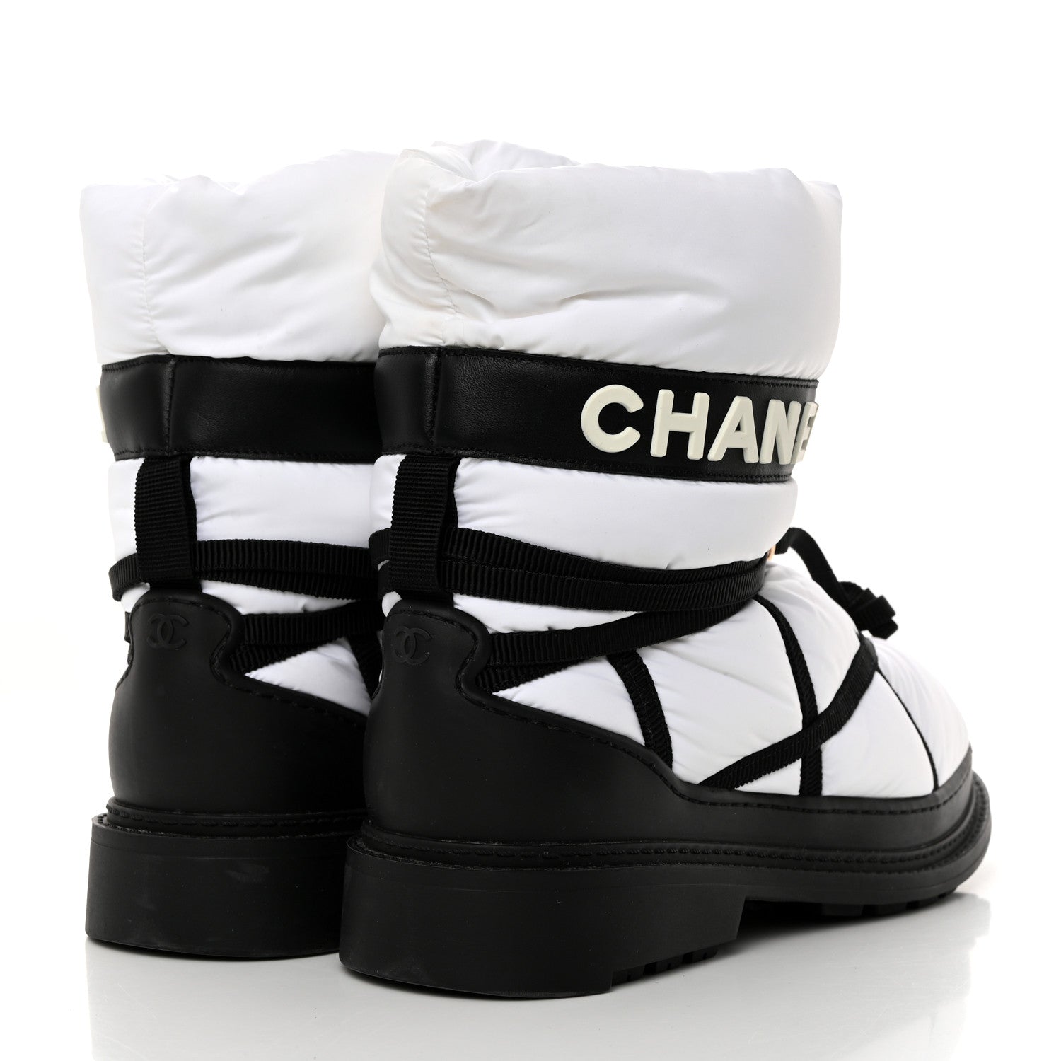 Chanel Calfskin Nylon Grosgrain CC Ankle Snow Boots 39 White Black 4 of 10