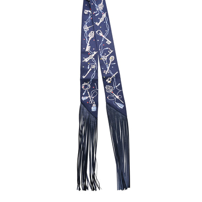 Hermes Silk Metallic Agneau Les Cles A Pois Fringed Twilly Bleu Marine Gris Argent Multicolor 2 of 4