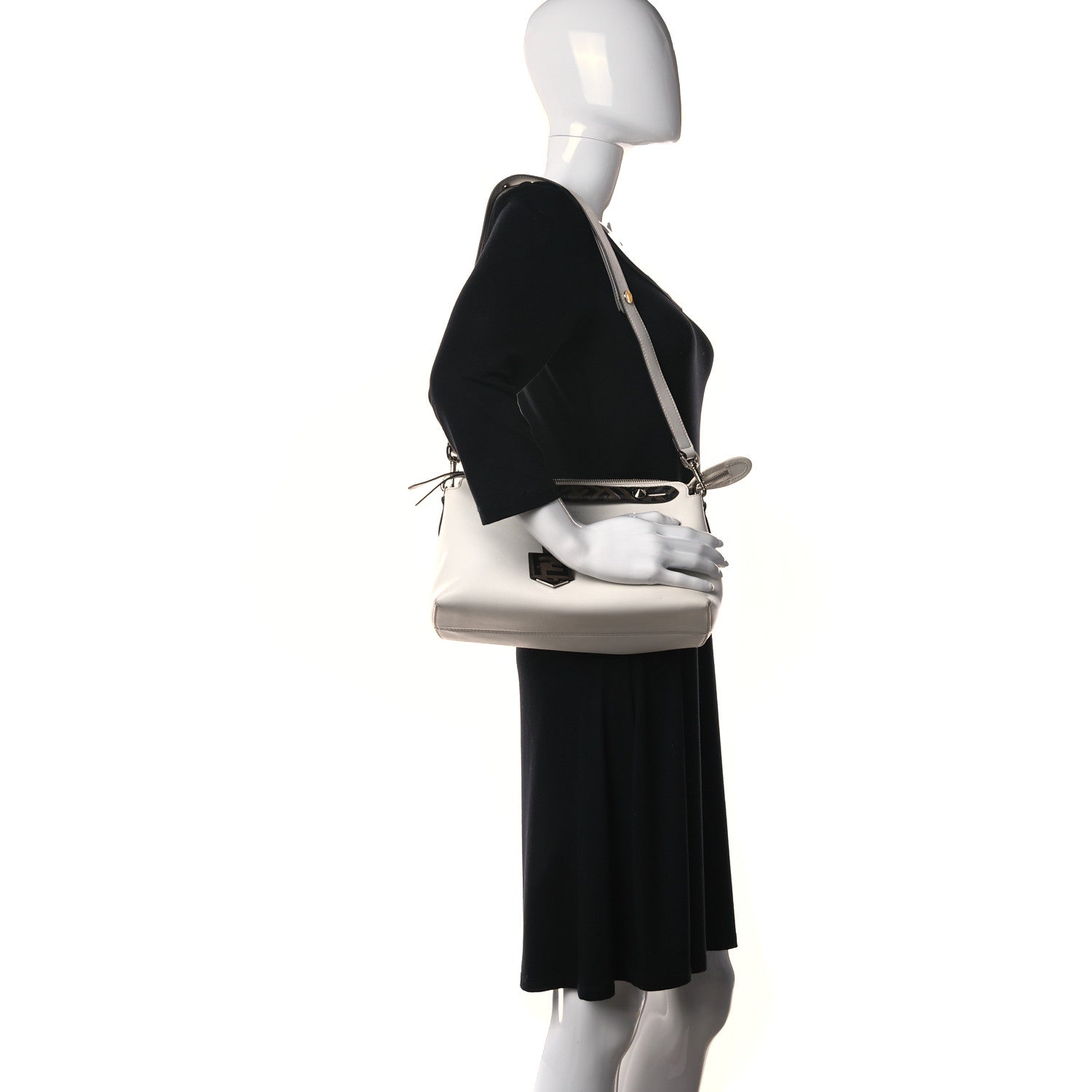 Fendi Vitello Dolce Bi-Color FF 1974 Embossed Medium By The Way Boston Bag White Ice Maya Black 2 of 13