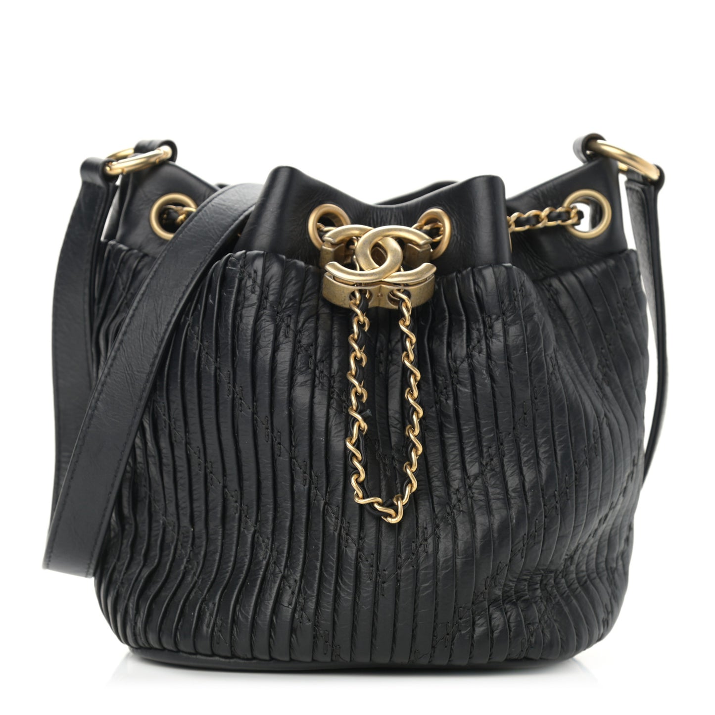 Iridescent Crumpled Calfskin Coco Pleats Small Drawstring Bag Black